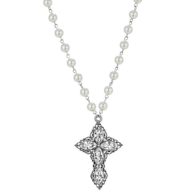 1928 Silver Tone Crystal & Simulated Pearl Cross Necklace, Womens, Clear Product Image