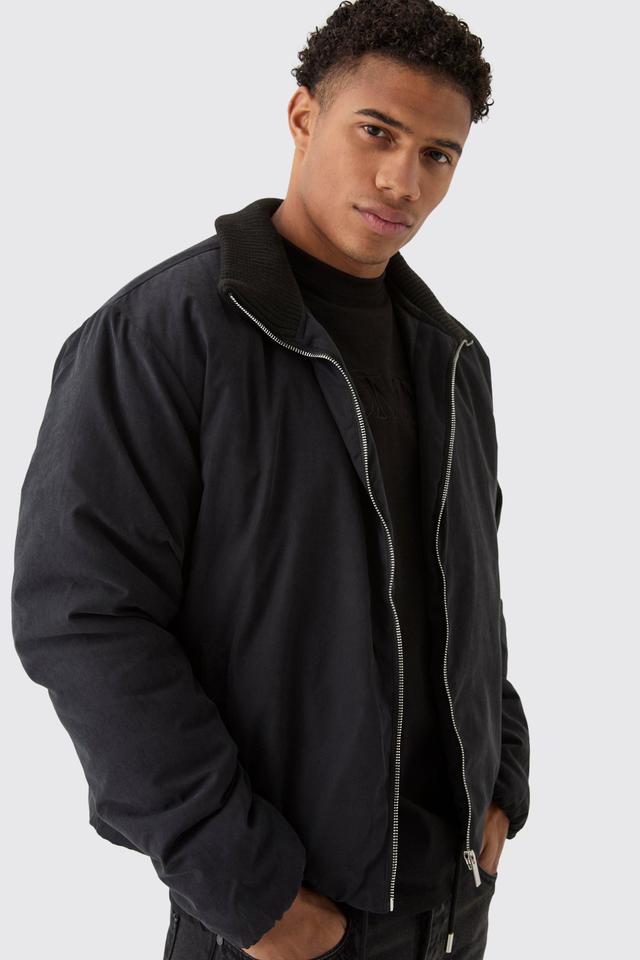 Boxy Rib Collar Bomber Jacket In Black | boohooMAN USA Product Image