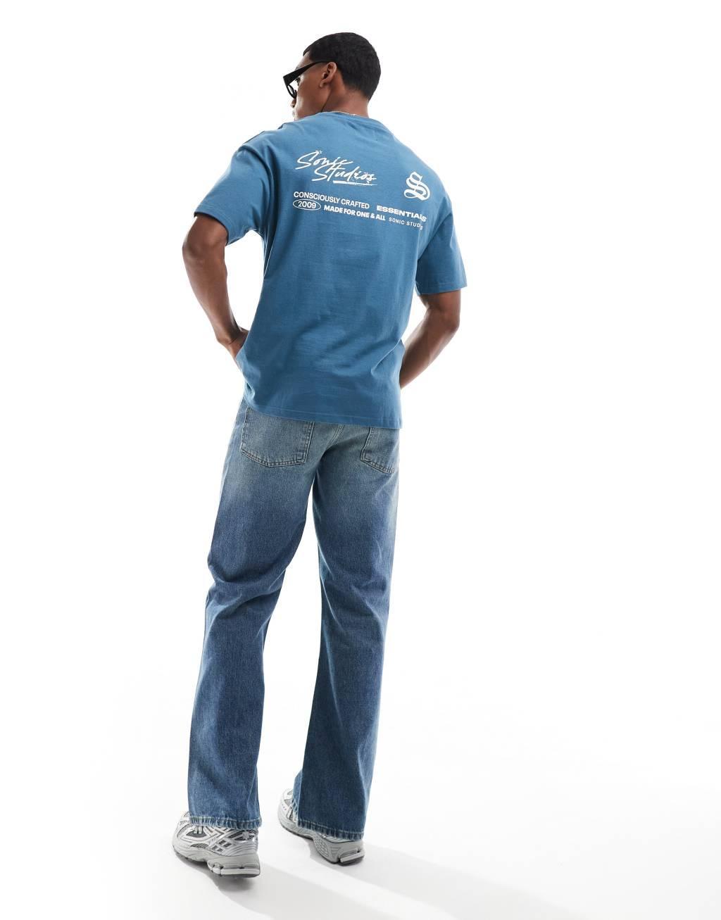 ADPT oversized T-shirt with text backprint in blue teal Product Image