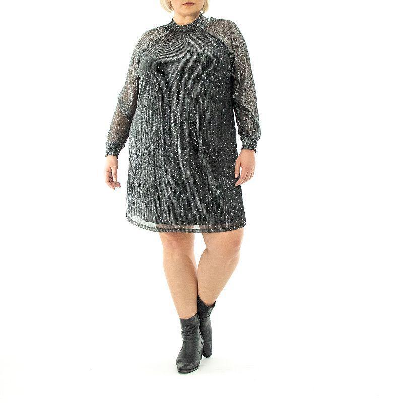 Plus Size Nina Leonard Smockneck Sequin Dress, Womens Silver Product Image