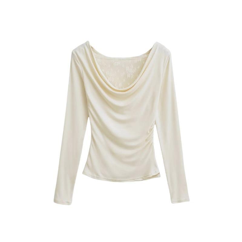 Long Sleeve Cowl Neck Plain Ruched Panel Lace Top Product Image