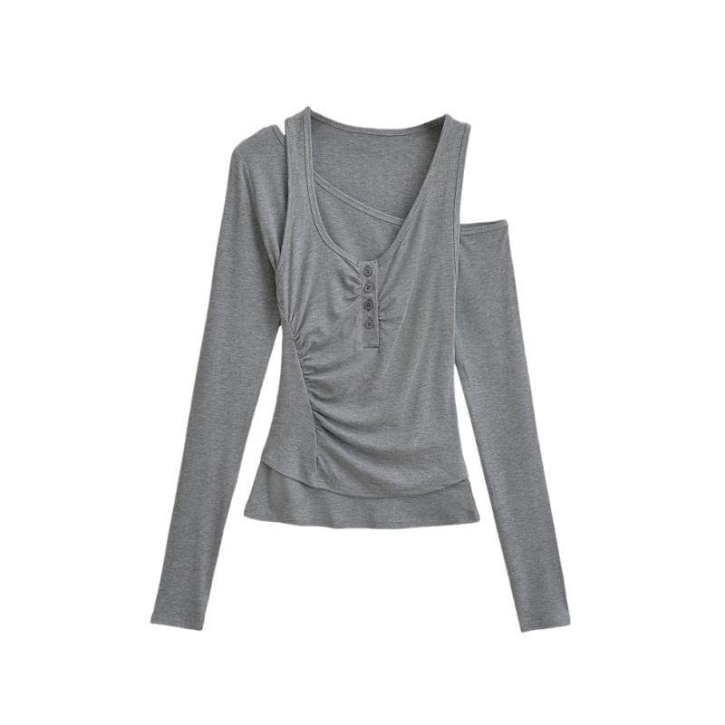 Set: Long-Sleeve Off-Shoulder Plain T-Shirt + Scoop Neck Ruched Crop Tank Top Product Image