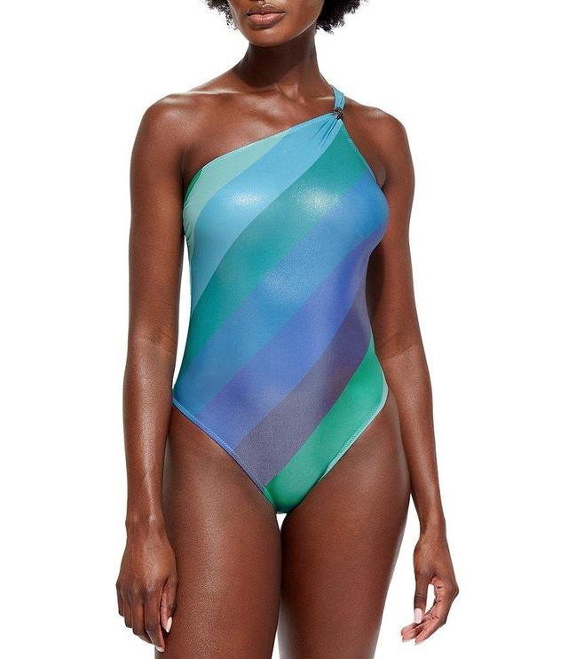 Kurt Geiger London Kensington Rainbow Blue Stripe One Shoulder One Piece Swimsuit Product Image