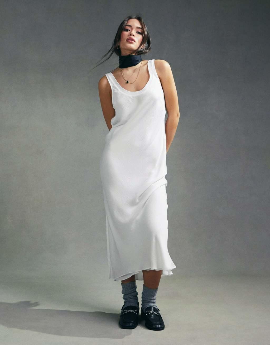 ASOS DESIGN bias slip midi dress with ribbed neck in ivory Product Image