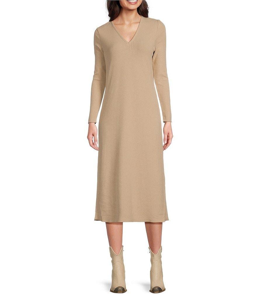 Reba Ribbed Knit V-Neck Long Sleeve Sheath Midi Dress Product Image