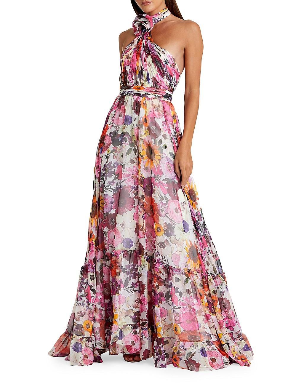 Womens Rosette Halterneck Floral Gown Product Image