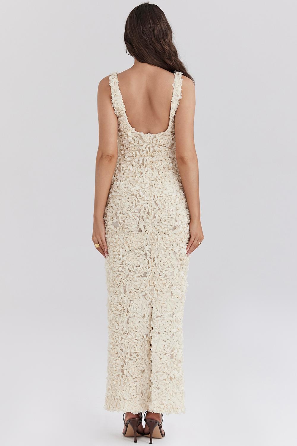 Carena Creme Plunge Floral Appliqué Maxi Dress Product Image