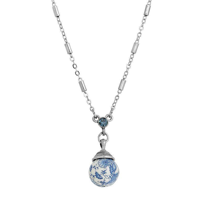 1928 Jewelry Silver Tone Round Blue Willow Beaded Drop Necklace 16" Adj, No Size Product Image