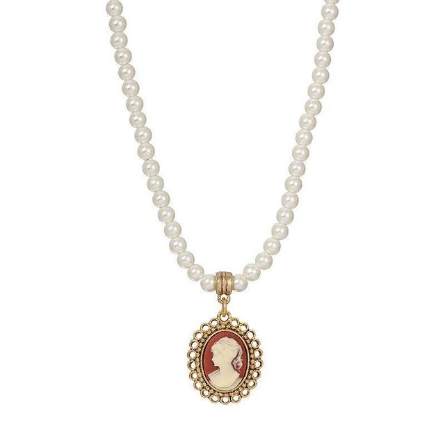 1928 Gold Tone Pearl And Carnelian Cameo Oval Drop Necklace, Womens, Orange Product Image