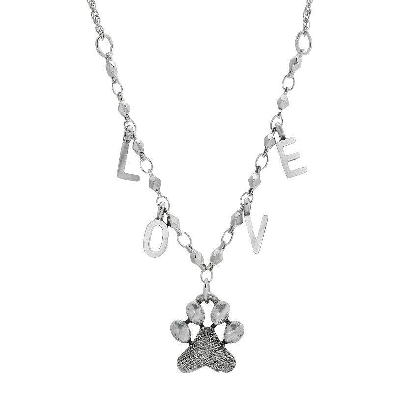 1928 Silver-Tone Pawprint Love Initials Necklace, Womens Product Image