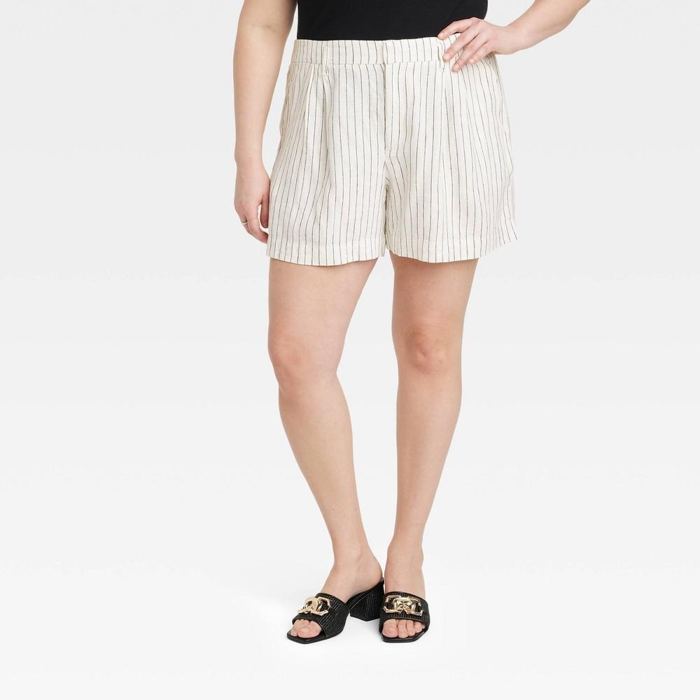 Womens High-Rise Pleated Front Shorts - A New Day Cream/Black Pinstripe 26 Product Image