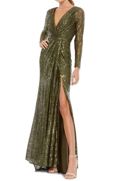 Ieena for Mac Duggal Long Sleeve Deep Surplice V-Neck Sequin Thigh High Slit Gown Product Image