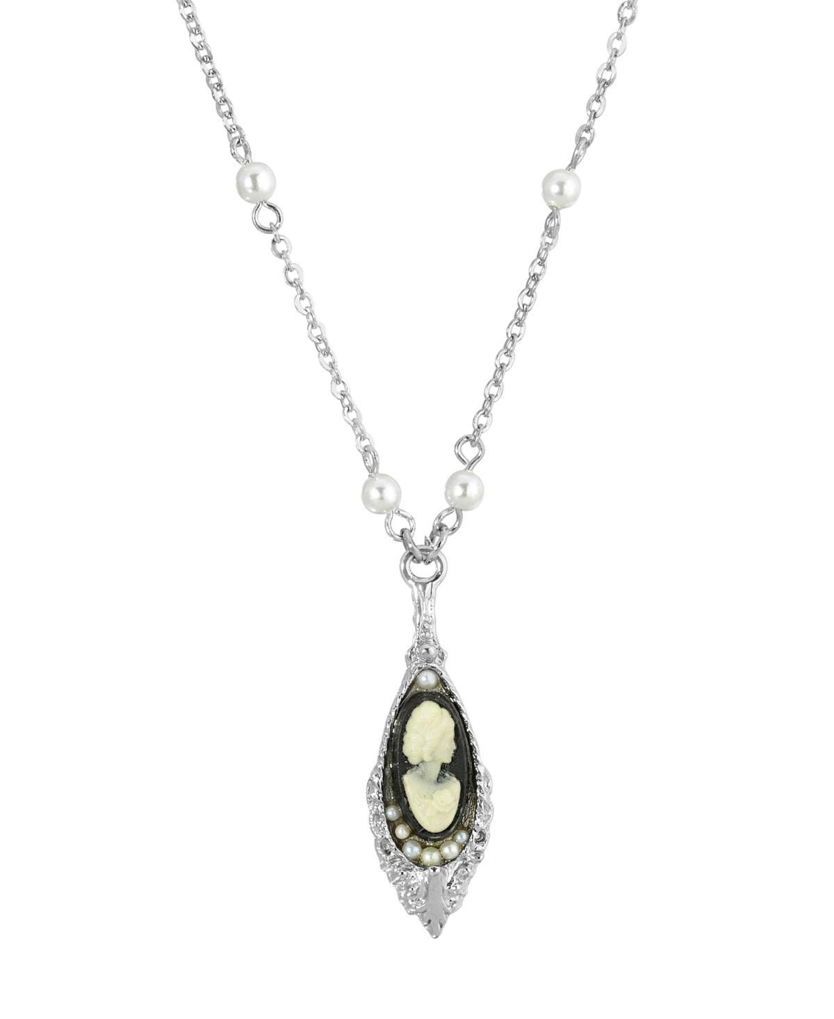 1928 Silver Tone Black & White Teardrop Cameo Pendant Necklace, Womens Product Image