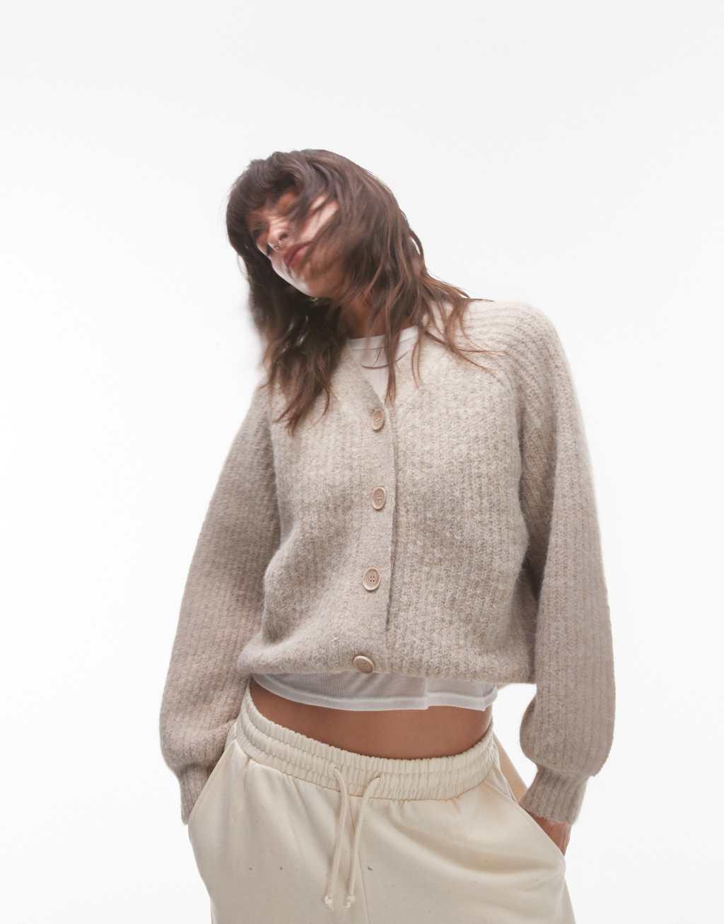 Topshop knit high v-neck fluffy cardigan in oat Product Image