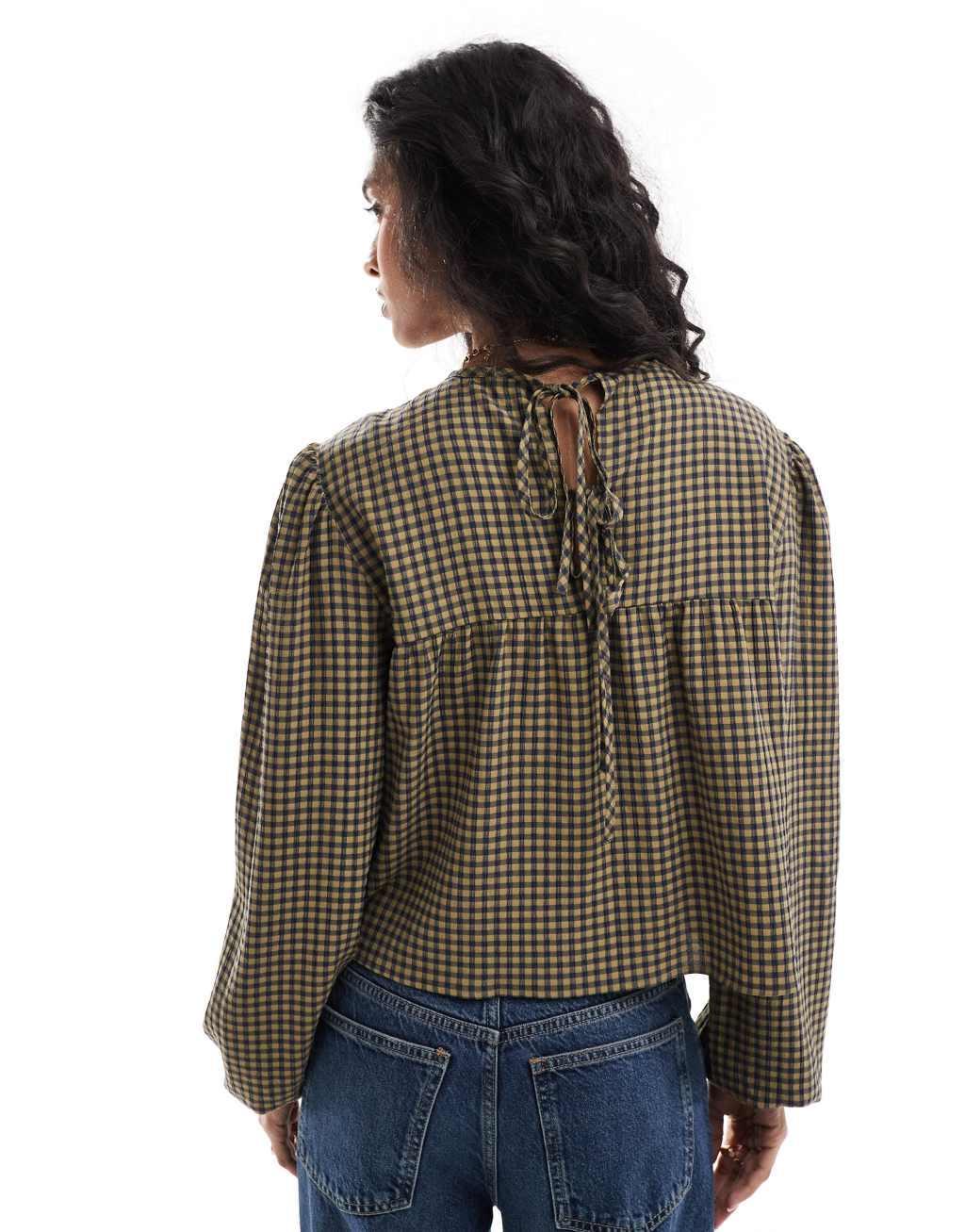 ASOS DESIGN long sleeve smock blouse in khaki gingham Product Image