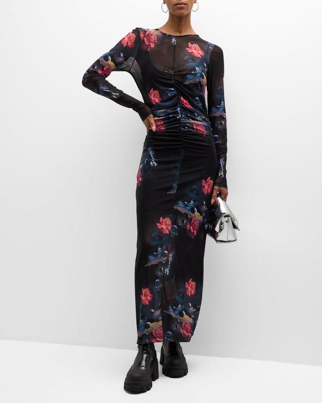 Ganni Floral Celestial Print Long Sleeve Mesh Maxi Dress Product Image