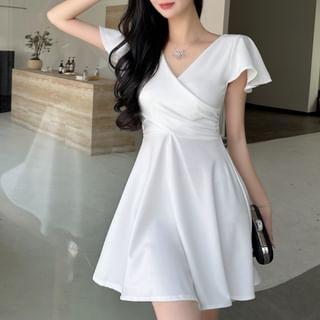 Cap-Sleeve V-Neck Plain Mini A-Line Dress Product Image