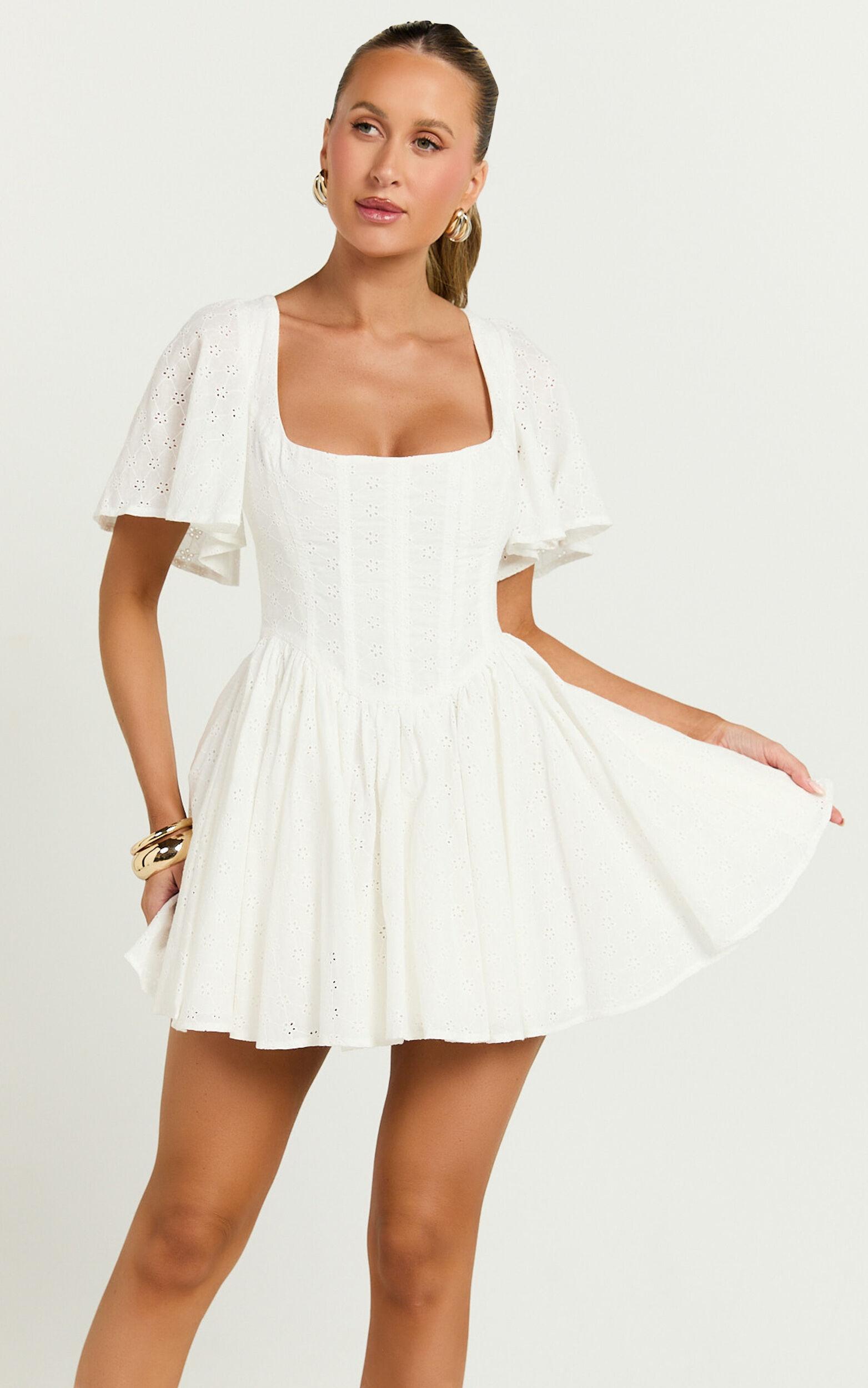 Edelyn Mini Dress - Corset Front Gathered Dress in White Product Image