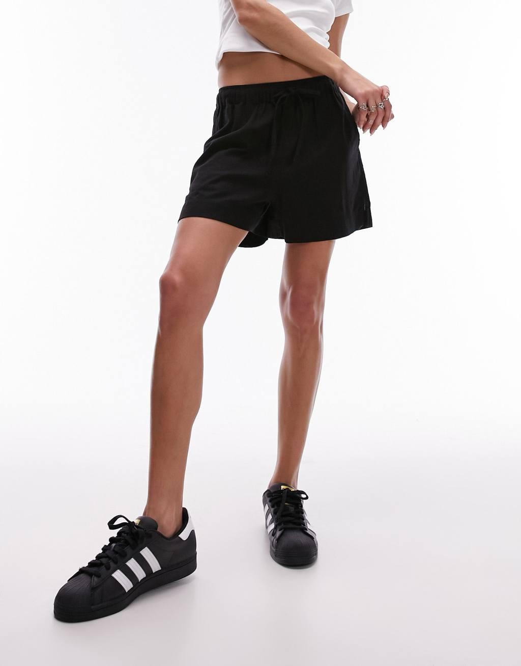 Topshop plain linen drawstring shorts in black Product Image