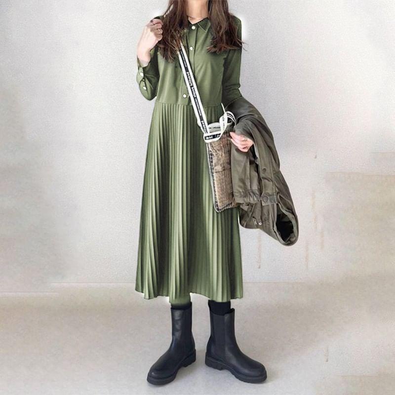 Long-Sleeve Collar Plain Button Accordion Pleated Midi A-Line Dress Product Image