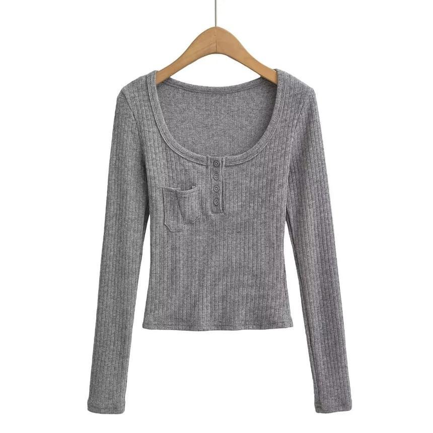 Long Sleeve Scoop Neck Henley Plain Ribbed Cropped Top Product Image