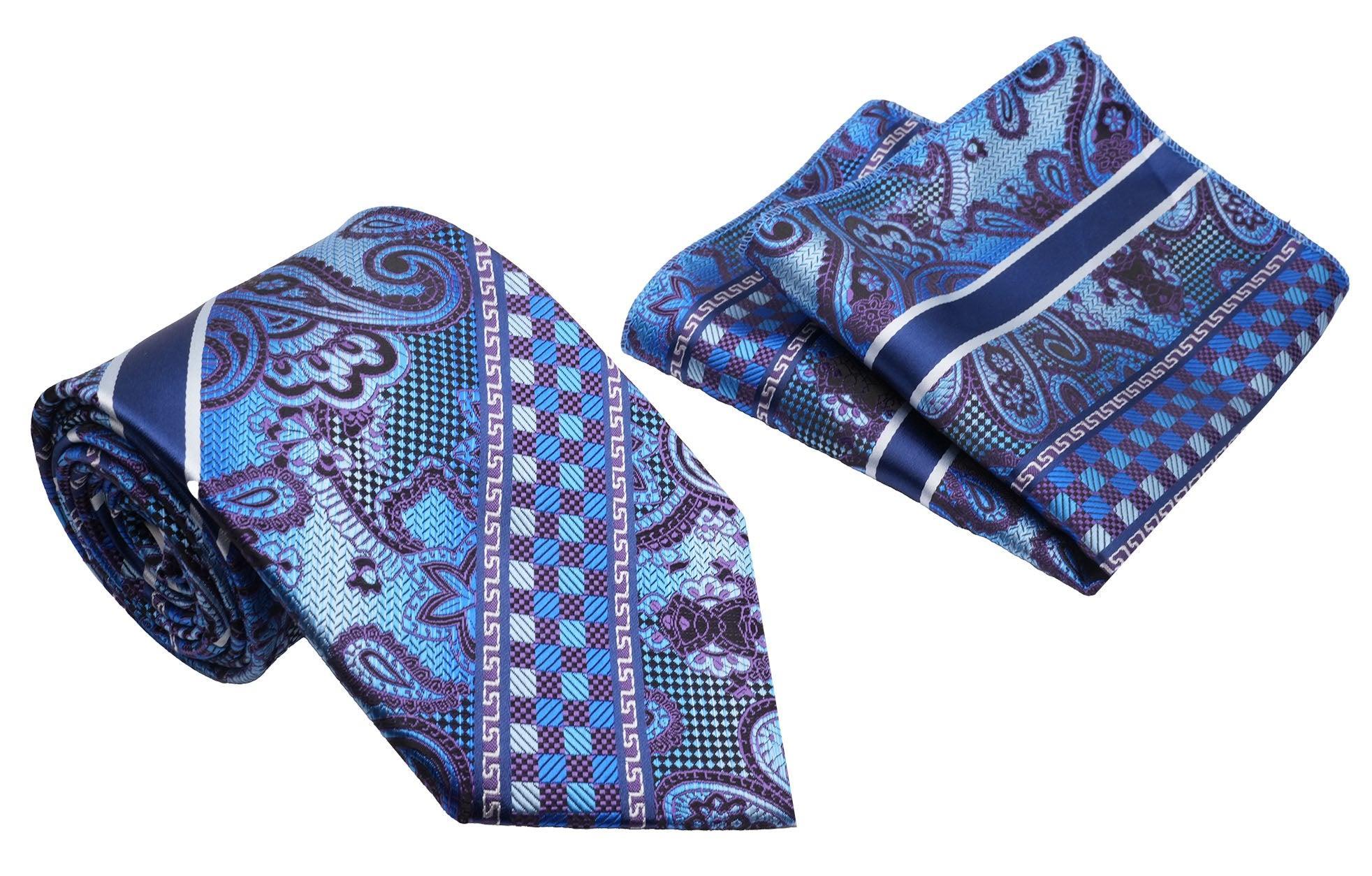 Blue Purple Wide Stripe Fret and Paisley Pattern Men's Classic Tie and Pocket Square Set Male Product Image