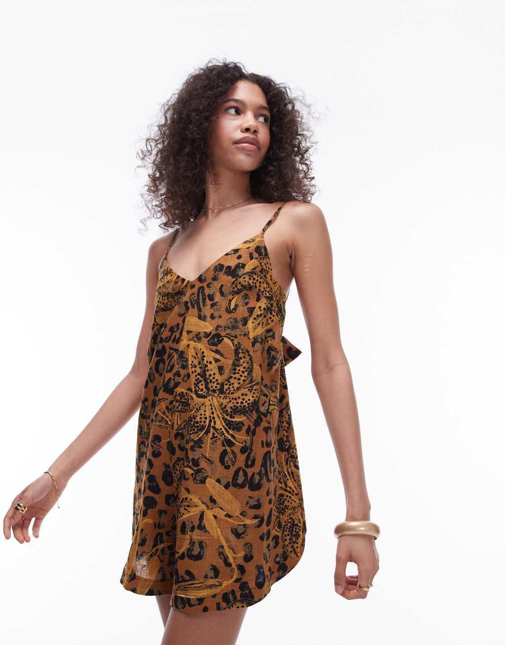 Topshop tie back romper in brown leopard print Product Image