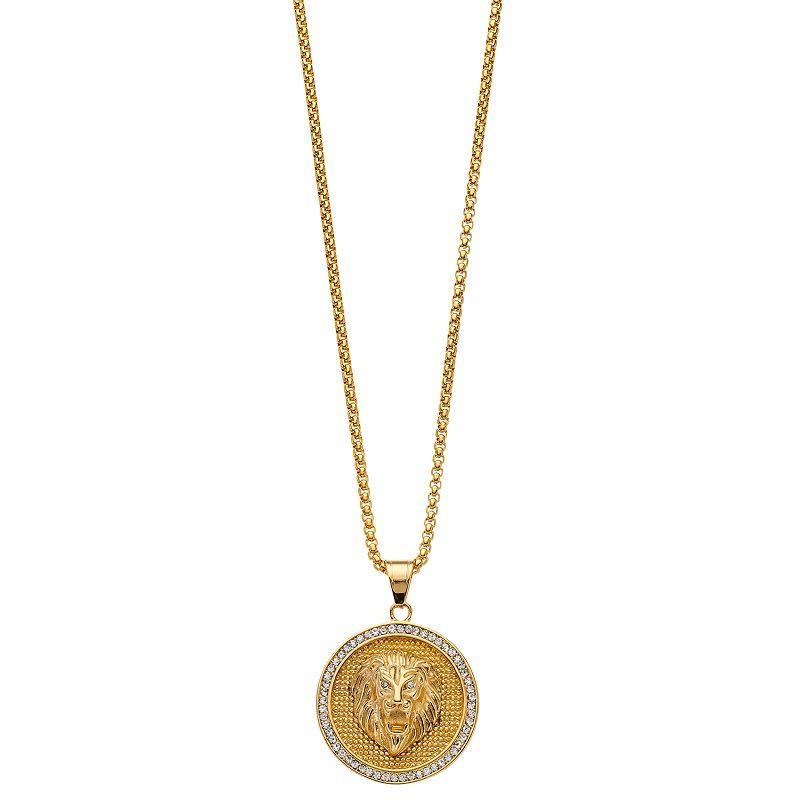 Mens Gold Tone Ion-Plated Stainless Steel Crystal Lion Head Medallion Pendant Necklace Product Image