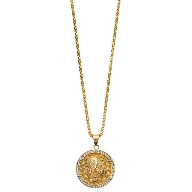 Mens Gold Tone Ion-Plated Stainless Steel Crystal Lion Head Medallion Pendant Necklace Product Image