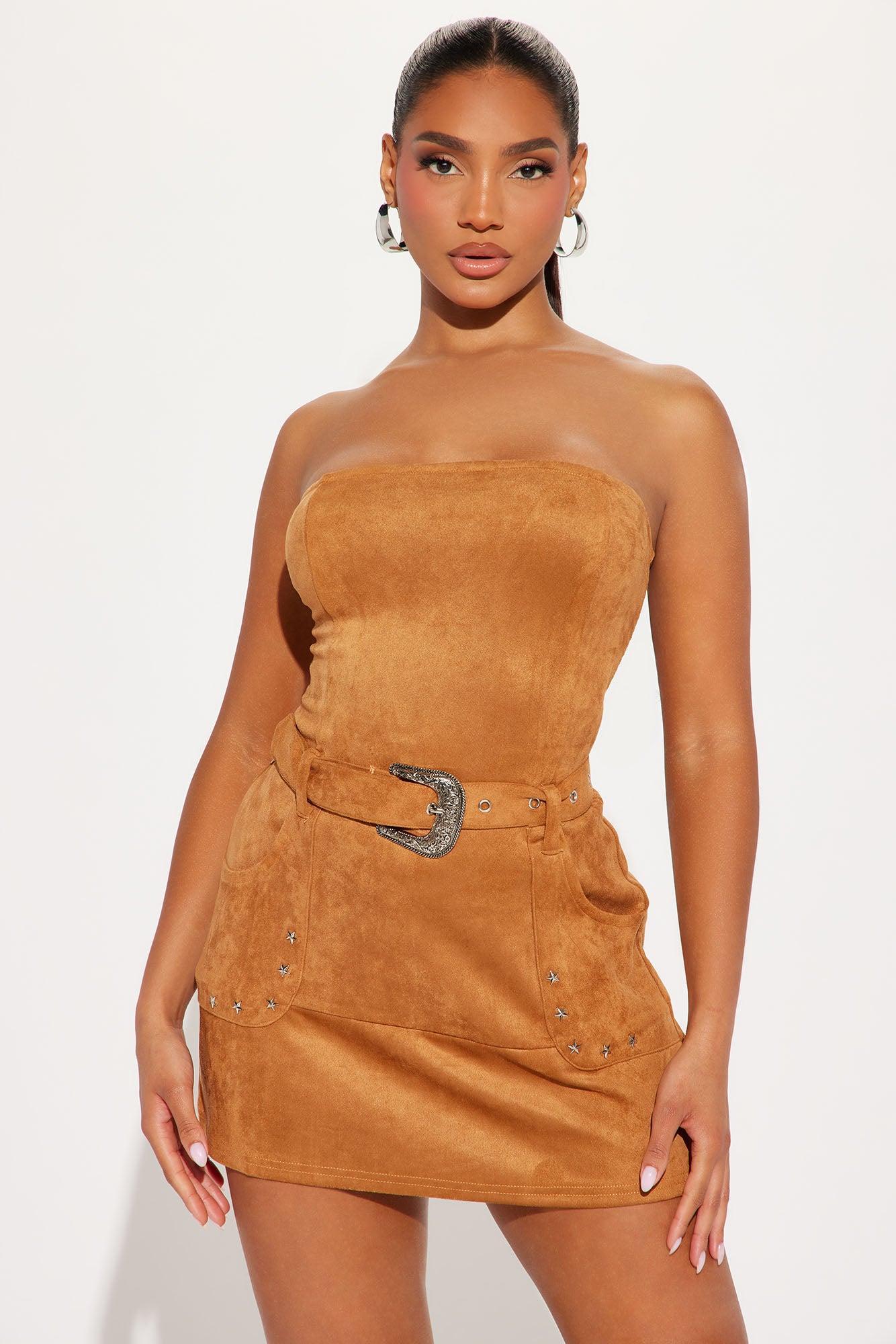 Out West Faux Suede Micro Mini Dress - Camel Product Image