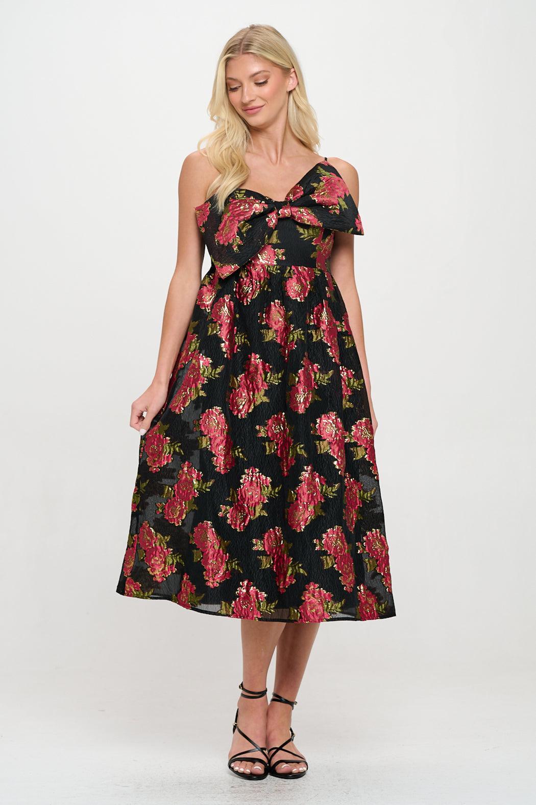 Scarlet Blossom Noir Bow Midi Dress Product Image