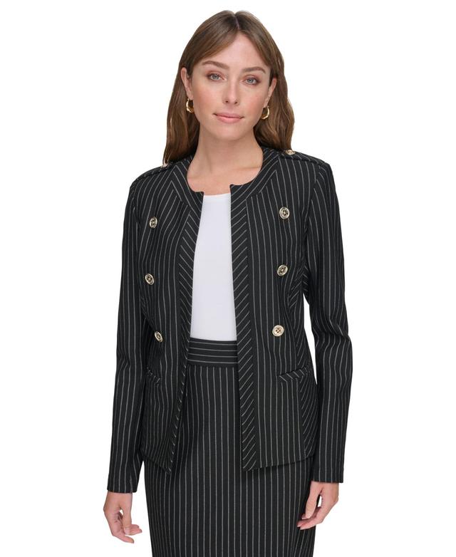 Tommy Hilfiger Womens Striped Band-Collar Jacket - Black/ Product Image