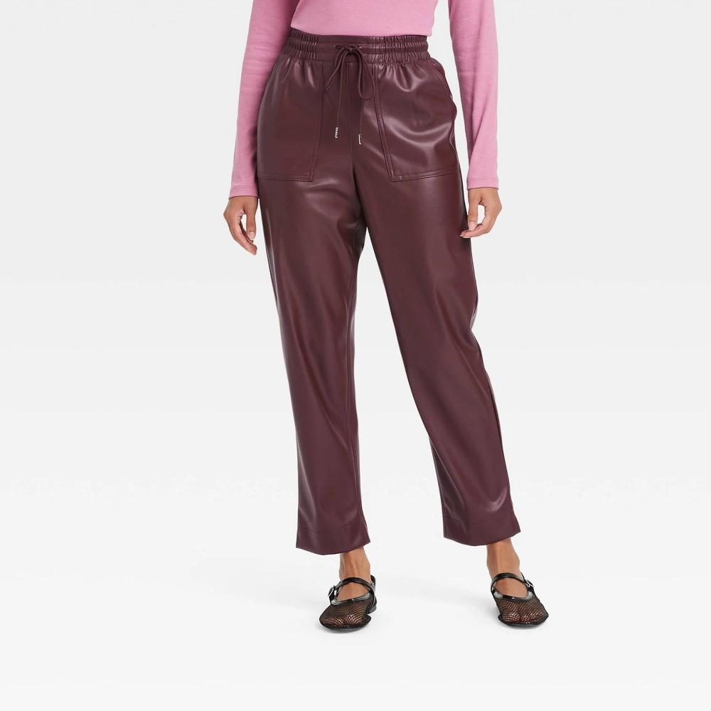 Womens High-Rise Faux Leather Tapered Ankle Pull-On Pants - A New Day Burgundy Product Image