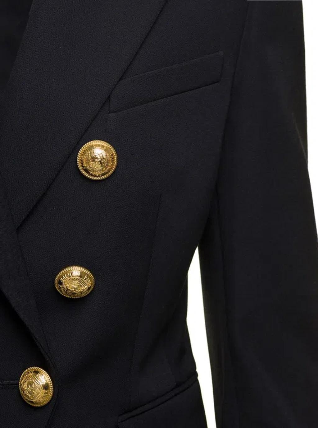 BALMAIN Black Double-breasted Jacket With Branded Buttons And Asymmetric Cut In Wool Woman Product Image