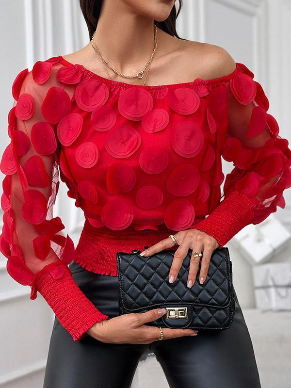 Long Sleeves Loose Polka-Dot Solid Color Off-The-Shoulder Blouses&Shirts Tops Product Image