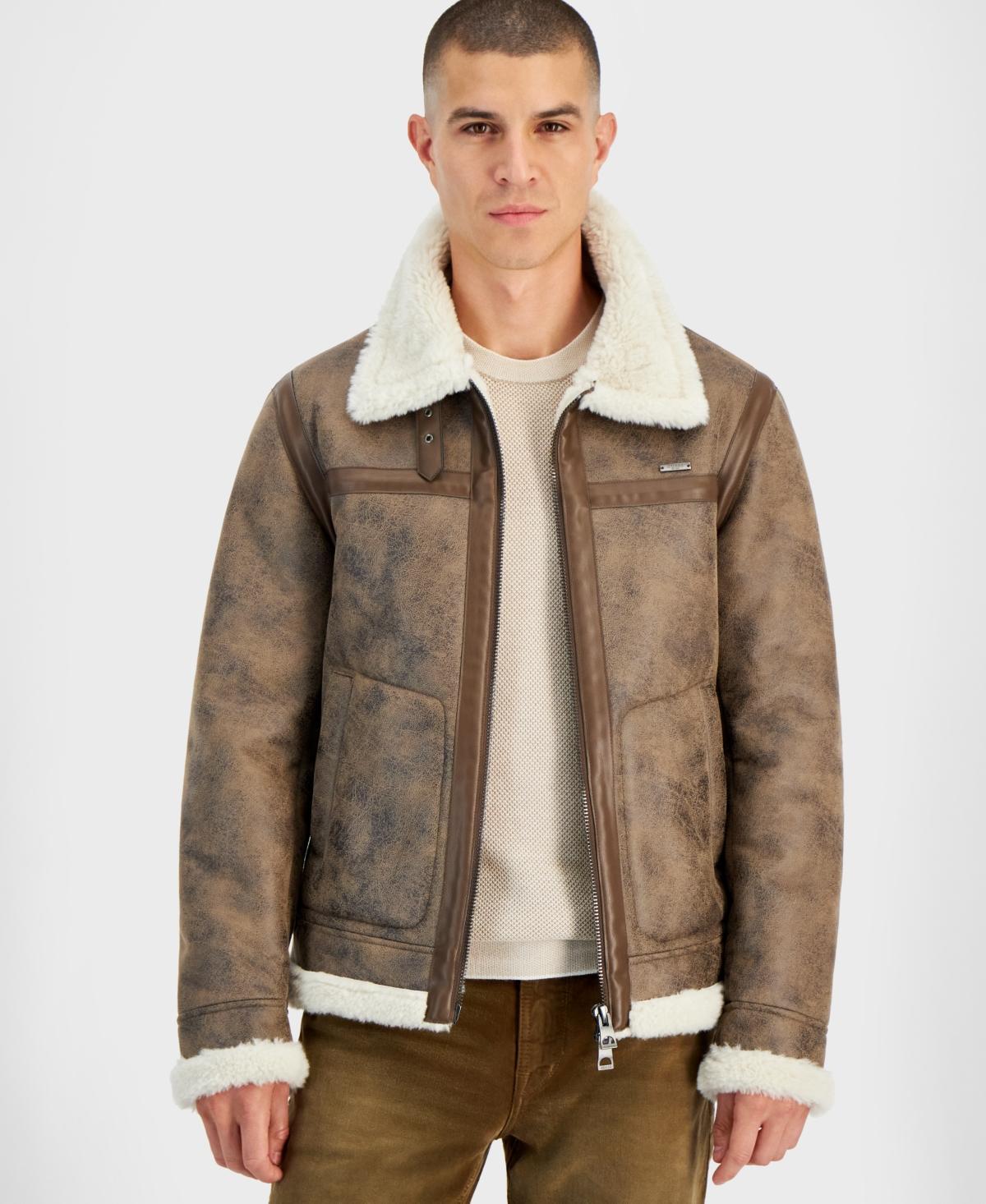 Guess Mens Zip Front Aviator Jacket with Faux Fur Lining Product Image