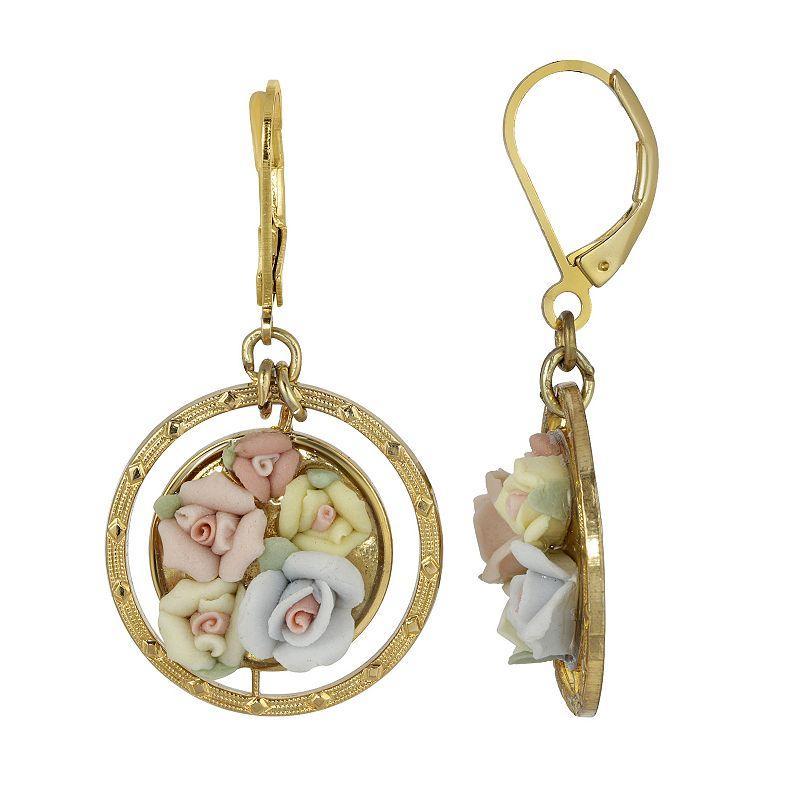 1928 Gold Tone & Porcelain Flowers Round Drop Earrings, Womens, Multicolor Product Image