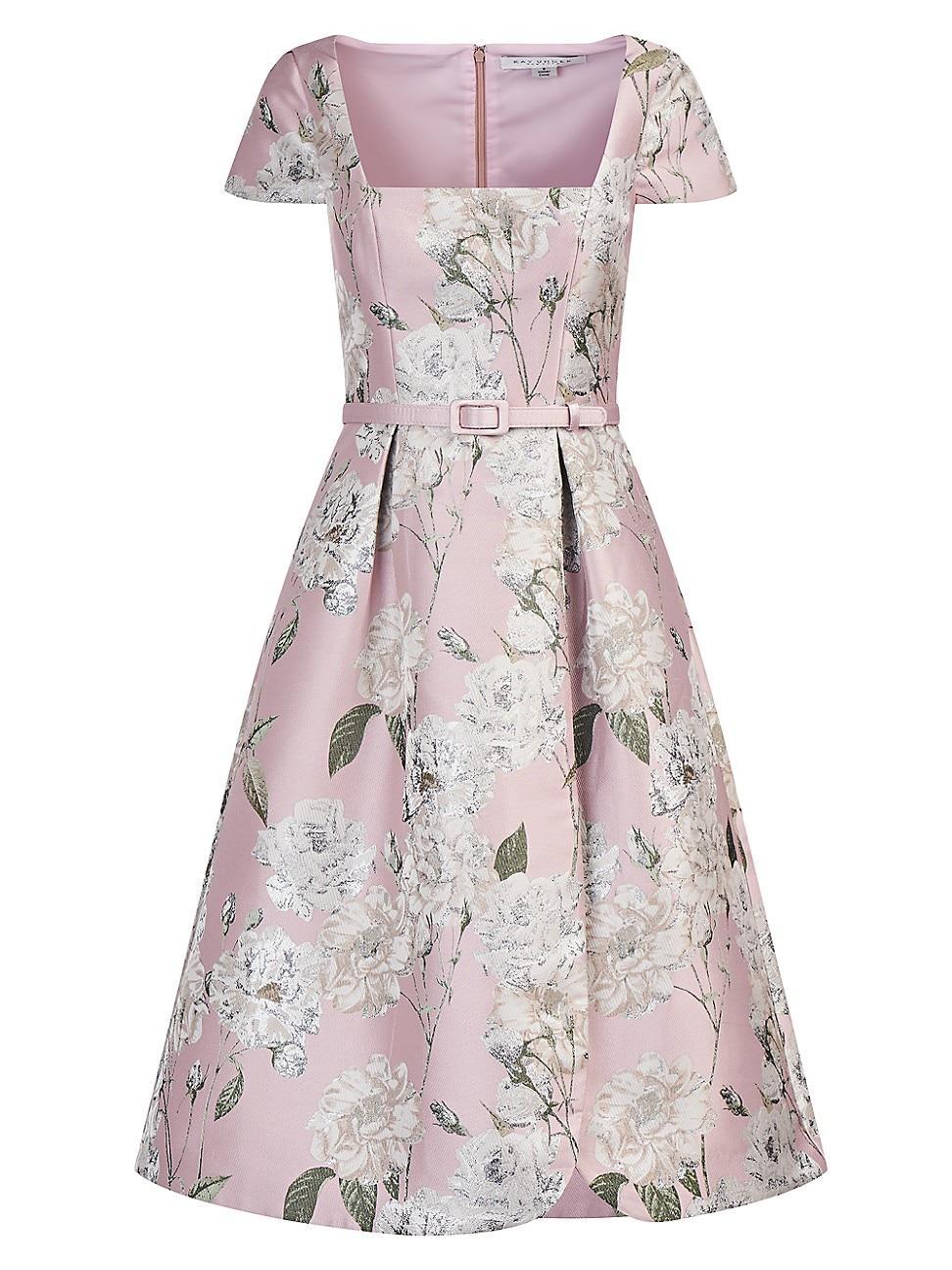 Womens Mira Floral Jacquard Belted Midi-Dress Product Image