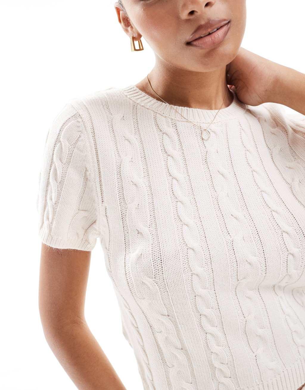 Stradivarius short sleeve knit top in ecru Product Image