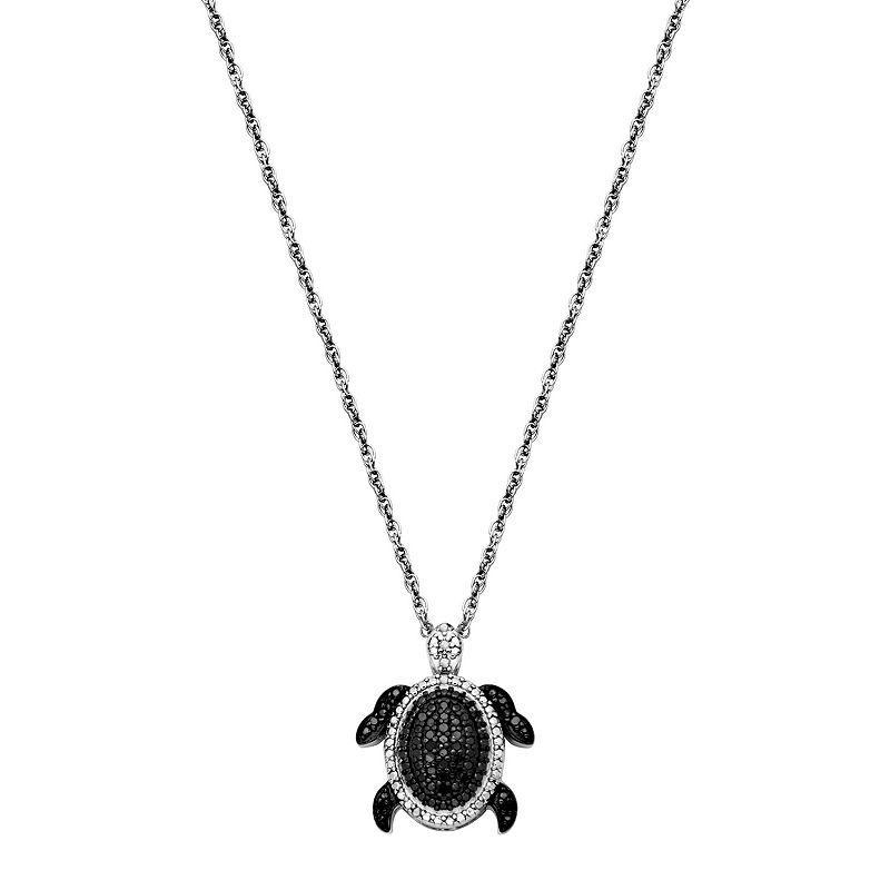 Sterling Silver 1/4 Carat T.W. Black & White Diamond Turtle Pendant Necklace, Womens Product Image