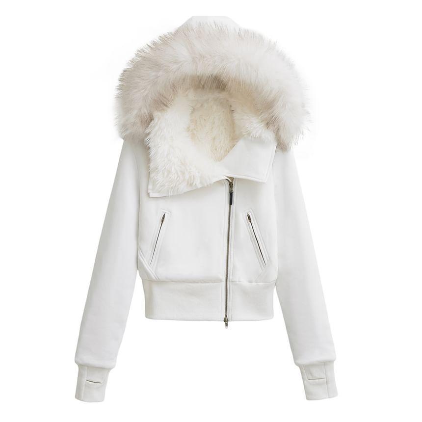 Long Sleeve Plain Fleeced Furry-Trim Hooded Zip-Up Jacket Product Image