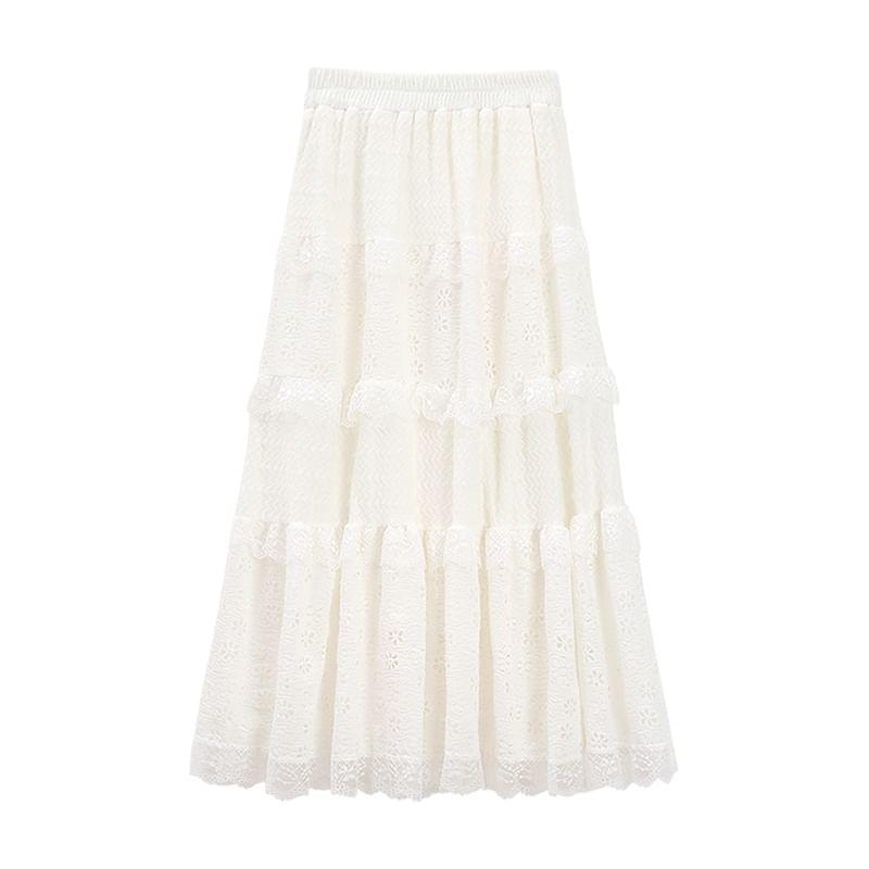 Elastic Waist Plain Ruffle Panel Maxi A-Line Skirt Product Image