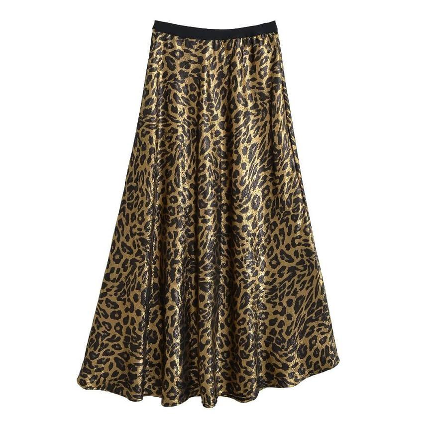 Low Waist Leopard Print Midi A-Line Skirt Product Image