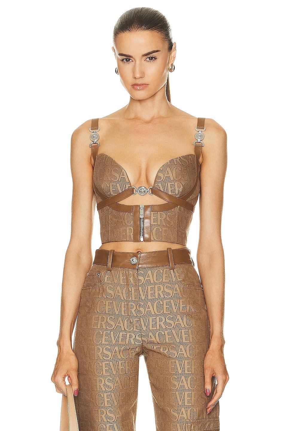 VERSACE Logo Bra Top in Brown Product Image