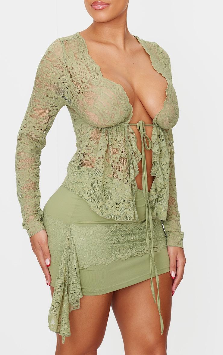 Shape Olive Lace Tie Split Front Long Sleeve Top Product Image