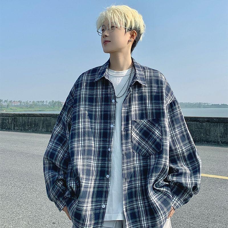 Long-Sleeve Plaid Pocket Detail Shirt Product Image