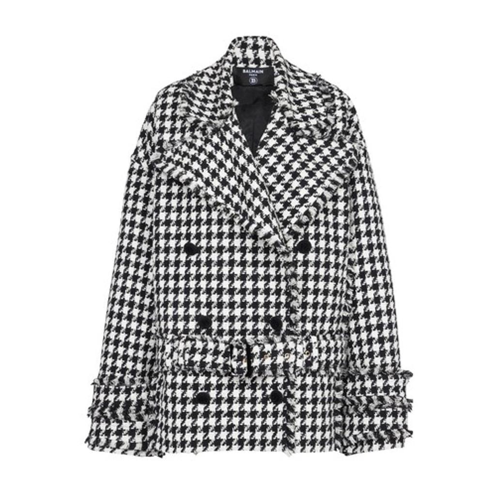 BALMAIN Double-breasted Houndstooth Belted Pea Coat In White Product Image