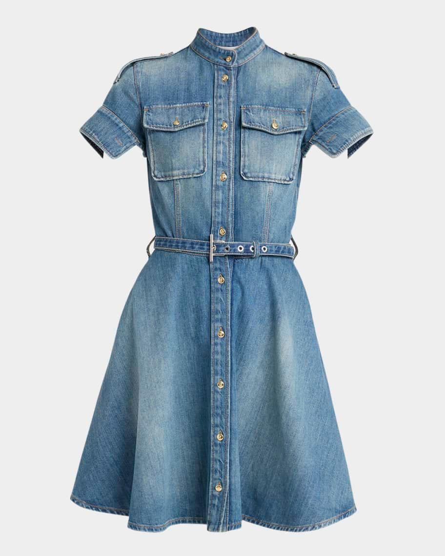 Short-Sleeve Belted Denim Mini Shirtdress product image