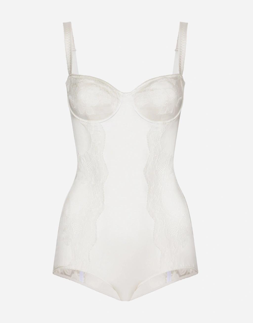 DOLCE & GABBANA Silk Balconette-bra Bodysuit With Lace Detailing In White Product Image