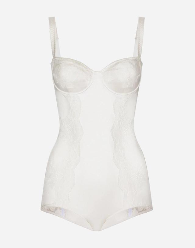 DOLCE & GABBANA Silk Balconette-bra Bodysuit With Lace Detailing In White Product Image